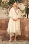 Buy_Amoree india_Ivory Cotton Embroidery V-neck Meherbaan Angrkha Kurta Set _at_Aza_Fashions