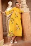 Buy_Amoree india_Yellow Cotton Embroidery, Sequins Round Neck Sunlit Blossom Dress _Online_at_Aza_Fashions
