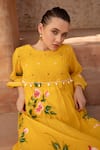 Amoree india_Yellow Cotton Embroidery, Sequins Round Neck Sunlit Blossom Dress _at_Aza_Fashions