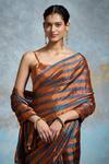 Shop_Dressfolk_Peach Tissue Zari Pratibha Striped Pre-draped Saree With Unstitched Blouse Piece_Online_at_Aza_Fashions