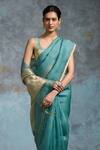 Shop_Dressfolk_Teal Organza Zari Sukanya Pre-draped Saree With Unstitched Blouse Piece_Online_at_Aza_Fashions