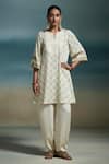 Buy_Dressfolk_Ivory Modal, Satin Embroidery Split V-neck Kshirja Printed Kurta With Salwar _at_Aza_Fashions