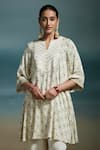 Dressfolk_Ivory Modal, Satin Embroidery Split V-neck Kshirja Printed Kurta With Salwar _at_Aza_Fashions