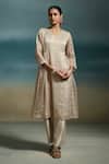 Buy_Dressfolk_Ivory Chanderi, Organza Zari V-neck Tanuja Stripe Woven Anarkali Set _Online_at_Aza_Fashions