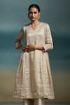 Shop_Dressfolk_Ivory Chanderi, Organza Zari V-neck Tanuja Stripe Woven Anarkali Set _Online_at_Aza_Fashions