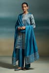 Dressfolk_Blue Chanderi Zari Split V-neck Sharvari Stripe Woven A-line Kurta Set _Online_at_Aza_Fashions