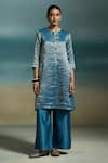 Buy_Dressfolk_Blue Chanderi Zari Split V-neck Sharvari Stripe Woven A-line Kurta Set _Online_at_Aza_Fashions