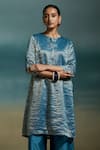 Shop_Dressfolk_Blue Chanderi Zari Split V-neck Sharvari Stripe Woven A-line Kurta Set 