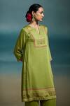 Shop_Dressfolk_Green Modal, Satin Embroidery, Sequins Split Kiyana Placement Print Kurta Set _Online_at_Aza_Fashions