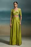Buy_Dressfolk_Green Chanderi Zari V-neck Rasmiya Woven Lehenga Set _Online_at_Aza_Fashions