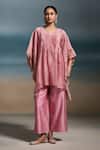 Buy_Dressfolk_Pink Chanderi Embroidery, Sequins V-neck Mishti Pleated Kaftan With Pant _at_Aza_Fashions