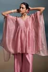 Buy_Dressfolk_Pink Chanderi Embroidery, Sequins V-neck Mishti Pleated Kaftan With Pant 