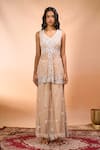 Alaya Advani_Beige Net Embroidery, Beads V-neck Floral Hand Peplum Kurta Sharara Set _Online_at_Aza_Fashions