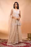 Buy_Alaya Advani_Beige Net Embroidery, Beads V-neck Floral Hand Peplum Kurta Sharara Set _Online_at_Aza_Fashions