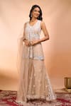 Buy_Alaya Advani_Beige Net Embroidery, Beads V-neck Floral Hand Peplum Kurta Sharara Set _at_Aza_Fashions