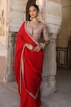 Amoree india_Red Organza, Silk Embroidery, Zari, Mirrors Laal Surakh Saree And Blouse Set _Online_at_Aza_Fashions