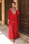 Buy_Amoree india_Red Silk, Handloom Cotton Embroidery Collared Ruhani Kurta Sharara Set _Online_at_Aza_Fashions