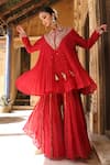 Shop_Amoree india_Red Silk, Handloom Cotton Embroidery Collared Ruhani Kurta Sharara Set _Online_at_Aza_Fashions