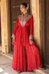 Amoree india_Red Silk, Handloom Cotton Embroidery Collared Ruhani Kurta Sharara Set _at_Aza_Fashions
