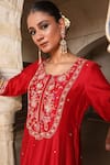 Amoree india_Red Silk Embroidery, Sequins Round Neck Zaheen Floral Short Anarkali Set _at_Aza_Fashions