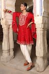 Buy_Amoree india_Red Silk Embroidery, Sequins Round Neck Zaheen Floral Short Anarkali Set _at_Aza_Fashions