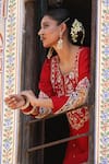 Buy_Amoree india_Red Silk Embroidery, Sequins Round Neck Zaheen Floral Short Anarkali Set 