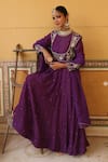 Amoree india_Purple Silk Embroidery, Zari Round Neck Kashni Anarkali Set _at_Aza_Fashions