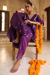 Shop_Amoree india_Purple Silk Embroidery, Beads, Zari V-neck Butti Work Kurta Set _Online_at_Aza_Fashions