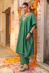 Shop_Amoree india_Green Silk Embroidery, Sequins, Tassels V-neck Hazel Kaftan Set _Online_at_Aza_Fashions