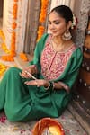 Amoree india_Green Silk Embroidery Round Neck Hayaat Kaftan Set _at_Aza_Fashions