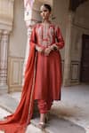 Buy_Amoree india_Rust Silk Embroidery, Zari, Gota Patti Split V-neck Sahiba Kurta Set _at_Aza_Fashions