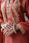 Amoree india_Rust Silk Embroidery, Zari, Gota Patti Split V-neck Sahiba Kurta Set _Online_at_Aza_Fashions