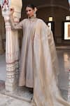 Shop_Amoree india_Gray Silk Embroidery V-neck Pal Anarkali With Dupatta _Online_at_Aza_Fashions