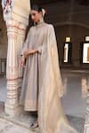 Amoree india_Gray Silk Embroidery V-neck Pal Anarkali With Dupatta _at_Aza_Fashions