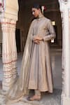 Buy_Amoree india_Gray Silk Embroidery V-neck Pal Anarkali With Dupatta _at_Aza_Fashions