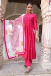 Shop_Amoree india_Pink Silk Embroidery, Foil Printing, Zari Mandarin Collar Laxmi Rani Suit Set 