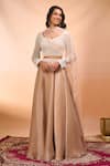 Shop Alaya Advani Beige Satin, Organza, Net Beads, Embroidery Leaf Neck Hand Blouse Lehenga Set Shop_Alaya Advani_Beige Satin, Organza, Net Beads, Embroidery Leaf Neck Hand Blouse Lehenga Set