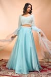 Alaya Advani Blue Satin, Organza, Net Beads, Embroidery V-neck, Leaf Hand Blouse Lehenga Set at Aza Fashions Alaya Advani_Blue Satin, Organza, Net Beads, Embroidery V-neck, Leaf Hand Blouse Lehenga Set _at_Aza_Fashions