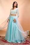 Buy Alaya Advani Blue Satin, Organza, Net Beads, Embroidery V-neck, Leaf Hand Blouse Lehenga Set Buy_Alaya Advani_Blue Satin, Organza, Net Beads, Embroidery V-neck, Leaf Hand Blouse Lehenga Set