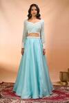 Alaya Advani Blue Satin, Organza, Net Beads, Embroidery V-neck, Leaf Hand Blouse Lehenga Set Online Alaya Advani_Blue Satin, Organza, Net Beads, Embroidery V-neck, Leaf Hand Blouse Lehenga Set _Online