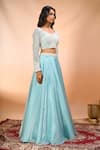 Shop Alaya Advani Blue Satin, Organza, Net Beads, Embroidery V-neck, Leaf Hand Blouse Lehenga Set Online Shop_Alaya Advani_Blue Satin, Organza, Net Beads, Embroidery V-neck, Leaf Hand Blouse Lehenga Set _Online
