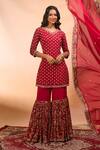 Shop Alaya Advani Red Georgette Embroidery, Zari V-neck Floral Hand Kurta Sharara Set Online at Aza Fashions Shop_Alaya Advani_Red Georgette Embroidery, Zari V-neck Floral Hand Kurta Sharara Set _Online_at_Aza_Fashions