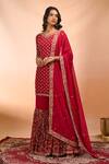 Shop Alaya Advani Red Georgette Embroidery, Zari V-neck Floral Hand Kurta Sharara Set Shop_Alaya Advani_Red Georgette Embroidery, Zari V-neck Floral Hand Kurta Sharara Set