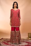 Buy Alaya Advani Red Georgette Embroidery, Zari V-neck Floral Hand Kurta Sharara Set Online Buy_Alaya Advani_Red Georgette Embroidery, Zari V-neck Floral Hand Kurta Sharara Set _Online
