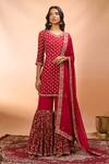 Buy Alaya Advani Red Georgette Embroidery, Zari V-neck Floral Hand Kurta Sharara Set at Aza Fashions Buy_Alaya Advani_Red Georgette Embroidery, Zari V-neck Floral Hand Kurta Sharara Set _at_Aza_Fashions