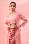 Shop_Alaya Advani_Peach Georgette Beads, Sequins, Embroidery Open Floral Cape And Draped Skirt Set _Online_at_Aza_Fashions