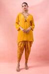 Alaya Advani Yellow Crepe Embroidery, Tassels Split Short Kurta And Floral Print Dhoti Pant Online at Aza Fashions Alaya Advani_Yellow Crepe Embroidery, Tassels Split Short Kurta And Floral Print Dhoti Pant _Online_at_Aza_Fashions