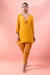 Shop Alaya Advani Yellow Crepe Embroidery, Tassels Split Short Kurta And Floral Print Dhoti Pant Online at Aza Fashions Shop_Alaya Advani_Yellow Crepe Embroidery, Tassels Split Short Kurta And Floral Print Dhoti Pant _Online_at_Aza_Fashions