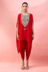 Alaya Advani_Red Crepe Embroidery, Beads, Tassels Round Neck Cape Kurta And Tulip Pant Set _Online_at_Aza_Fashions