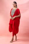 Buy_Alaya Advani_Red Crepe Embroidery, Beads, Tassels Round Neck Cape Kurta And Tulip Pant Set _Online_at_Aza_Fashions